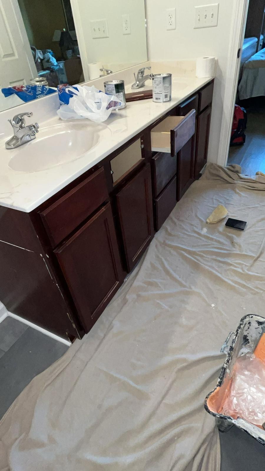 Bathroom vanity before refinishing by Lopez Drywall